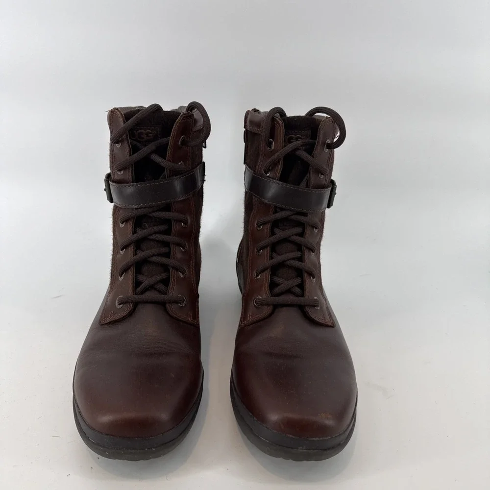 UGG Kesey Waterproof Boots Women 9 Brown Leather Suede Sheepskin Lace Up
